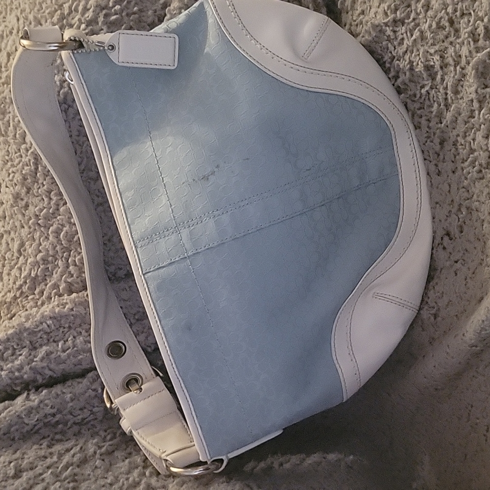 Vintage Authentic Coach  Blue Canvas & White Leather Hobo Bag
